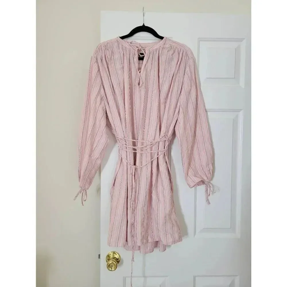 J. Crew Re-Imagined Alma Pink Striped Beach Boho Cotton Dress Womens Size L-XL,